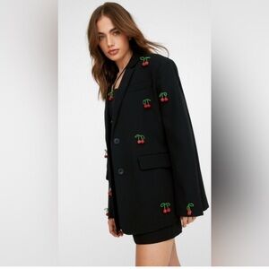Nasty Gal Embellished Cherry Blazer Black Oversized Us 8 UK 12 MSRP $238 NWOT